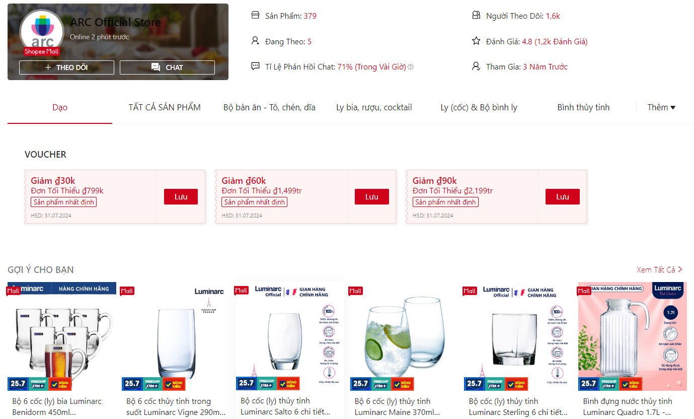 Gian hàng ARC Official Store trên Shopee với đa dạng ly Luminarc