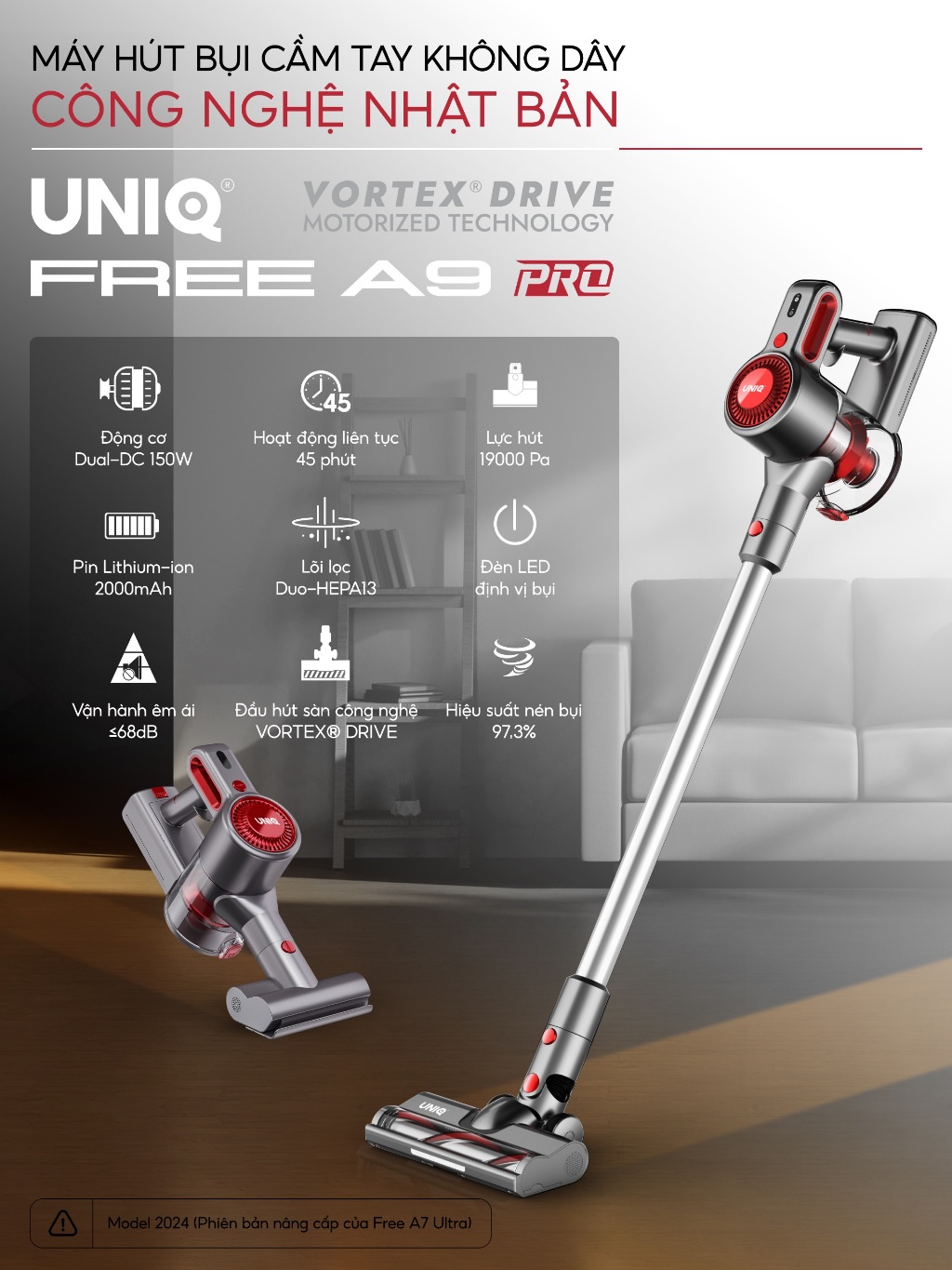 Máy hút bụi không dây UNIQ Free A9 Pro nhiều đầu hút