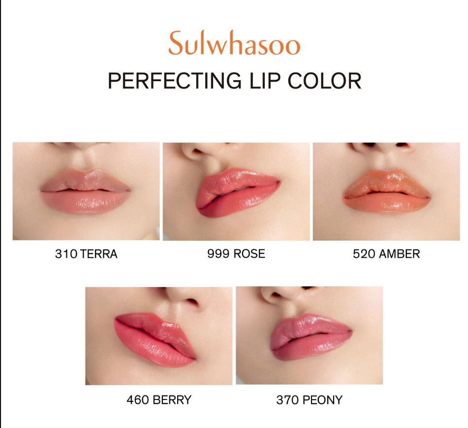 Bảng màu son dưỡng Sulwhasoo Perfecting Lip Color 5 tone: 999 Rose, 310 Terra, 370 Peony, 460 Berry, 520 Amber
