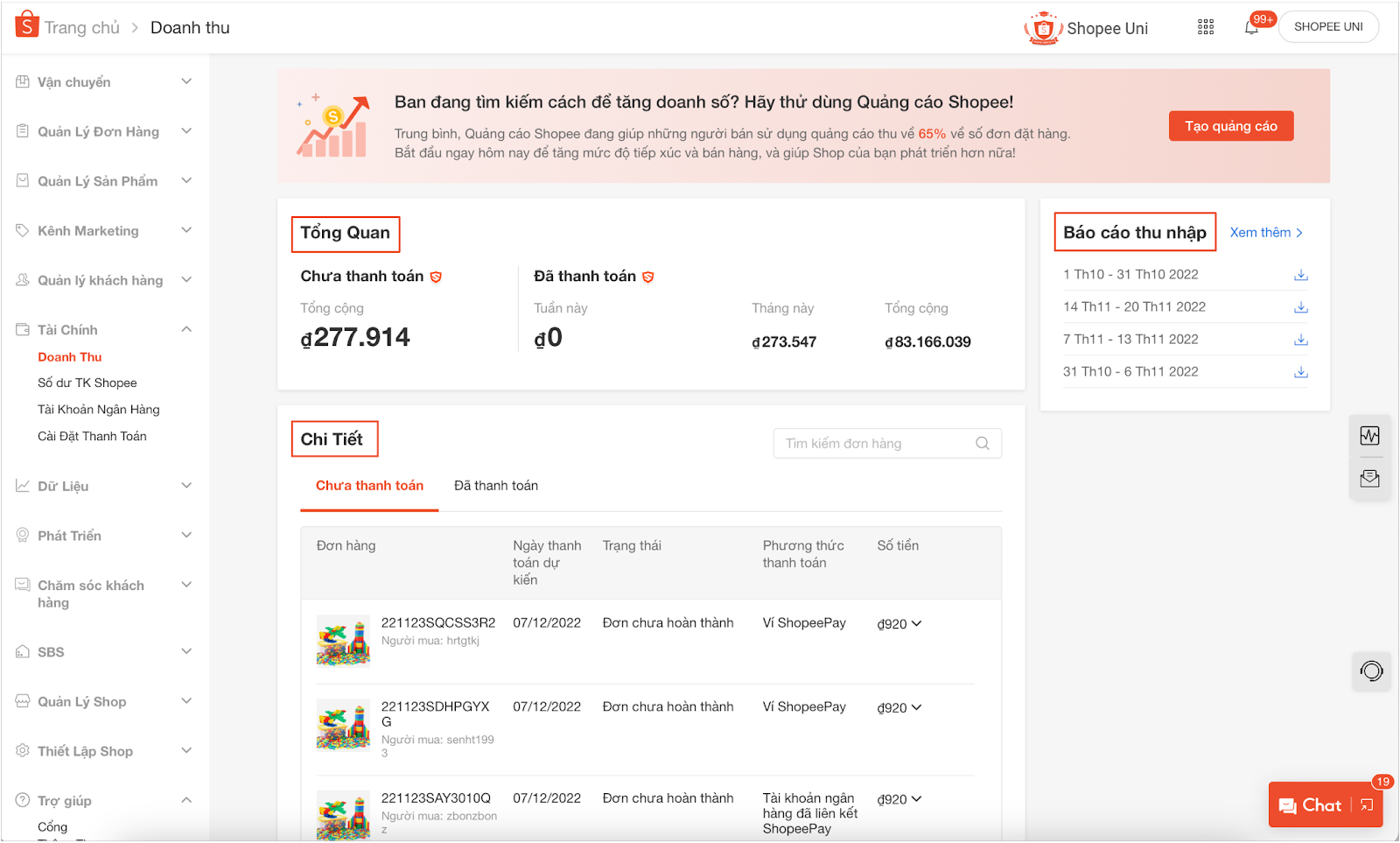 Giao diện kiểm tra phí trên Kênh Người Bán Shopee