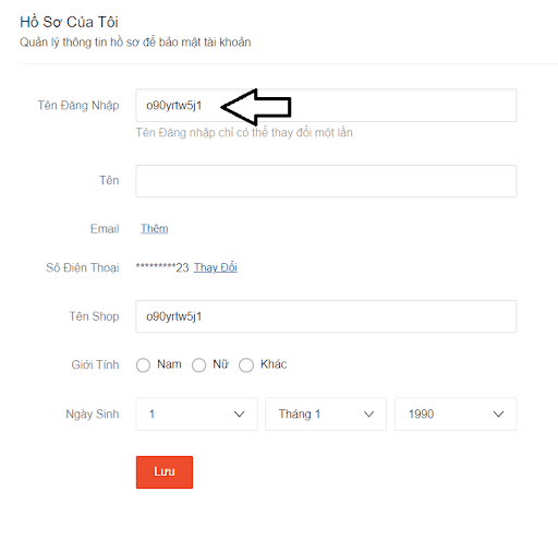Xác nhận lưu tên người dùng mới trên Shopee