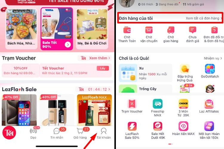 Giao diện tra cứu đơn hàng Lazada trên ứng dụng