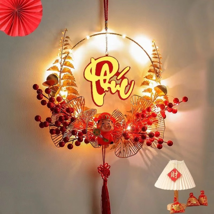 Liễn đỏ treo chữ TẾT, PHÚC, LỘC, THỌ có đèn