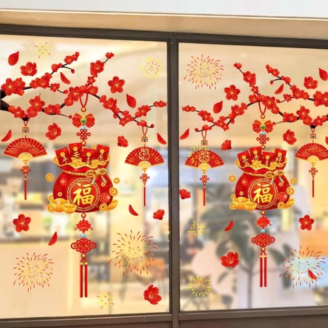 Decal trang trí Tết hít tĩnh điện - Cành mai đỏ, túi tiền lớn