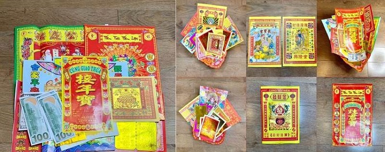 Bộ vàng mã cúng giao thừu truyền thống với tiền vàng, quần áo và thực phẩm