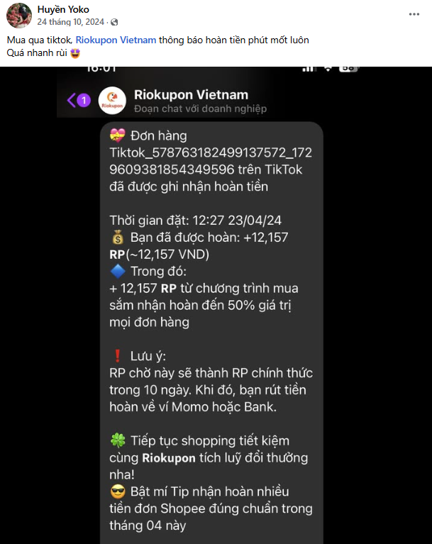 Thành viên nói gì về mua sắm hoàn tiền TikTok qua Riokupon