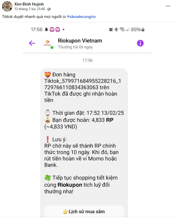 Thành viên nói gì về mua sắm hoàn tiền TikTok qua Riokupon