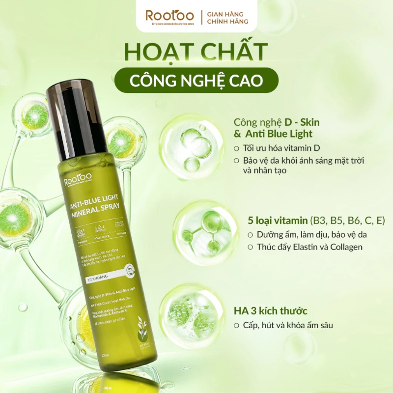 Xịt khoáng Rootoo chống tia UV và ánh sáng xanh