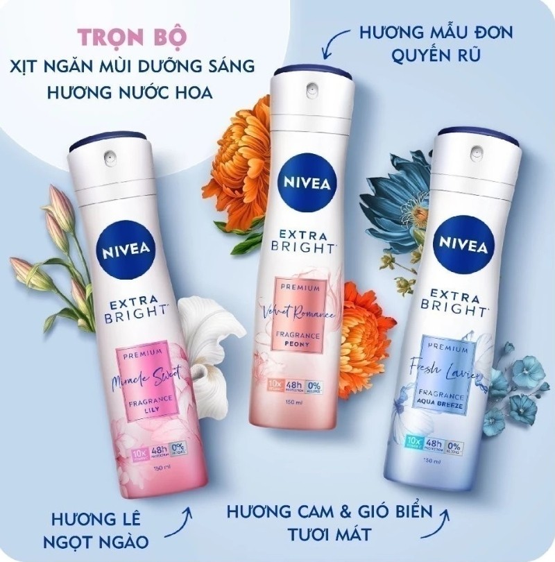 Bộ 3 xịt ngăn mùi NIVEA dưỡng sáng hương nước hoa
