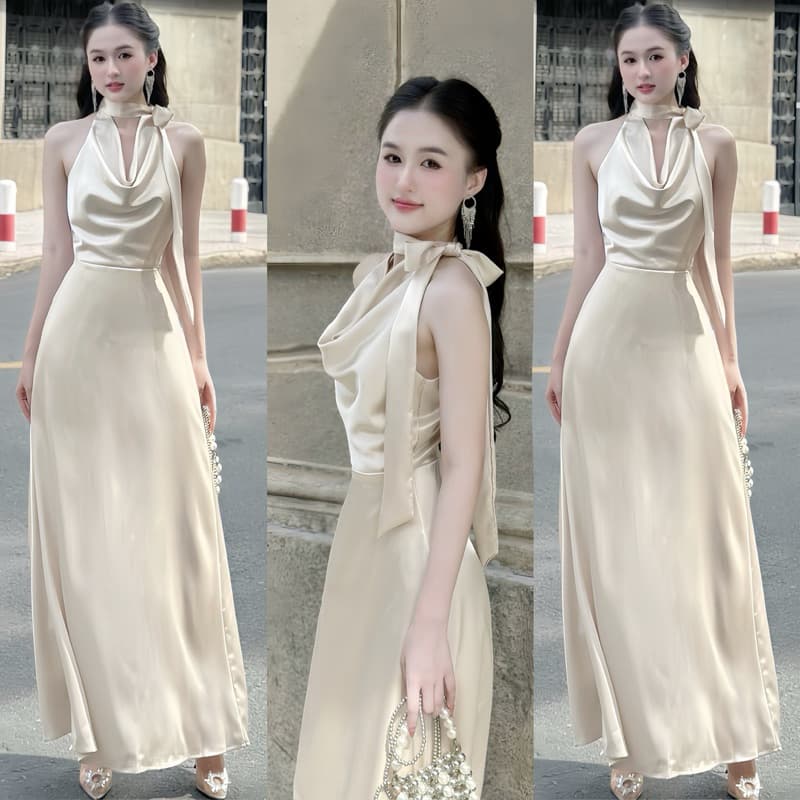 Đầm Lụa trễ vai, dây cột dáng dài SILK CHIC SC636