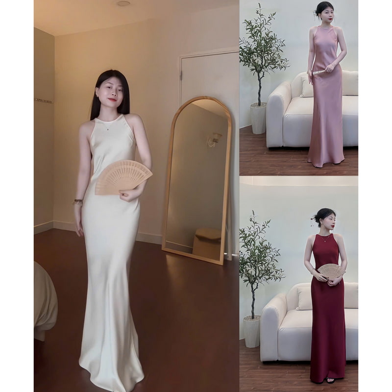 Đầm lụa 1 lớp, cổ yếm Form dài Dress Women