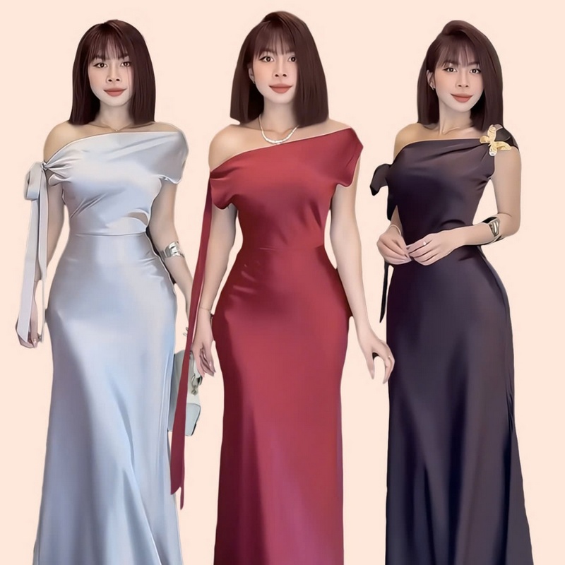 Đầm lụa 2 lớp dáng ôm, lệch vai, SHELLA DRESS