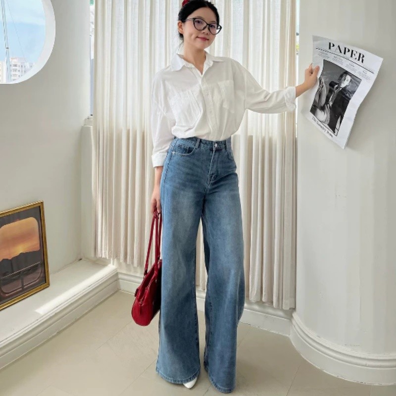 Quần jean nữ suông ống loe rộng lưng cao tôn dáng