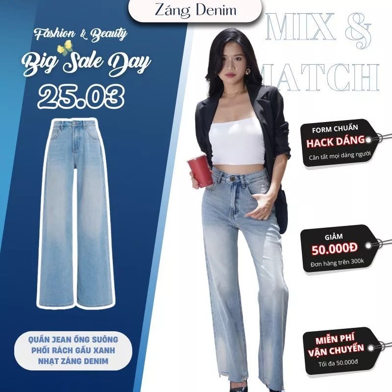 Quần jean ống suông phối rách gấu xanh nhạt Záng Denim