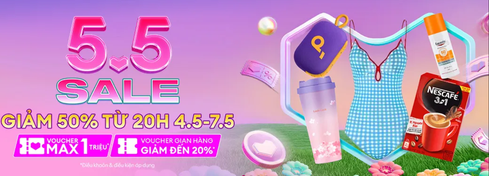 Lazada 5.5| Tiệc sale giảm 50%, Voucher Max 1 triệu, Voucher gian hàng 20%