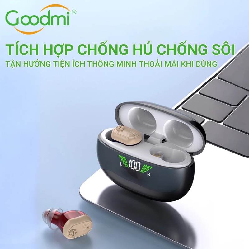 Máy trợ thính Goodmi GM-951T trên tai và hình minh họa đựng trong hộp
