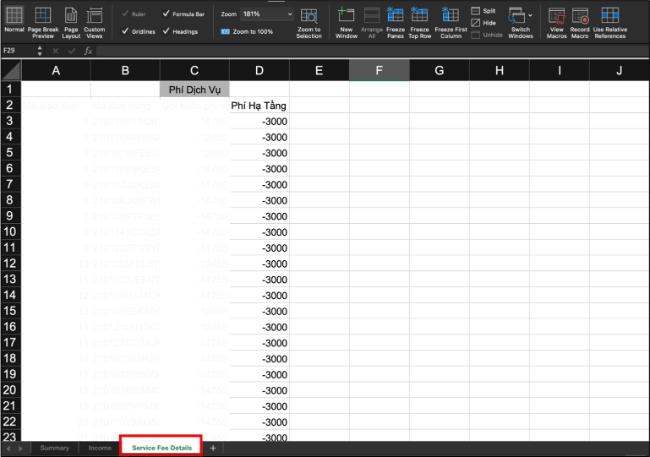 File báo cáo chi tiết có cột phí hạ tầng