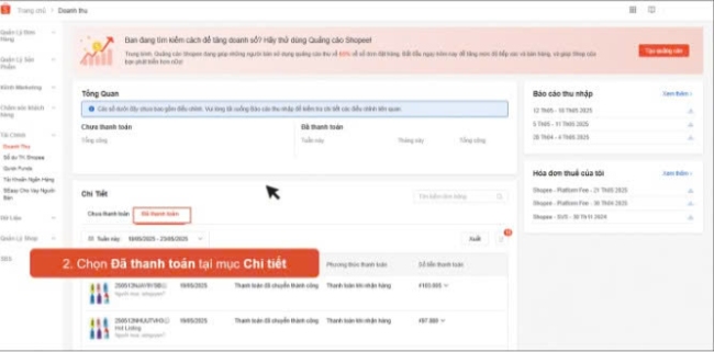 Báo cáo chi tiết doanh thu Shopee