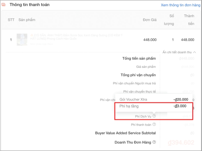 Giao diện chi tiết đơn hàng Shopee hiển thị phí hạ tầng