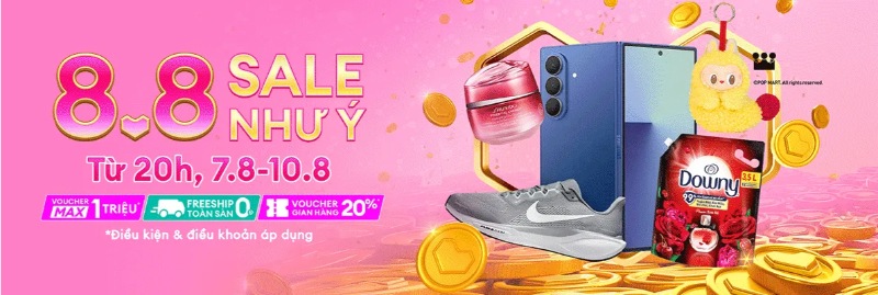 Lazada 8.8: Sale như ý Freeship 500K + Giảm xu thêm 50% + Max voucher 1 triệu