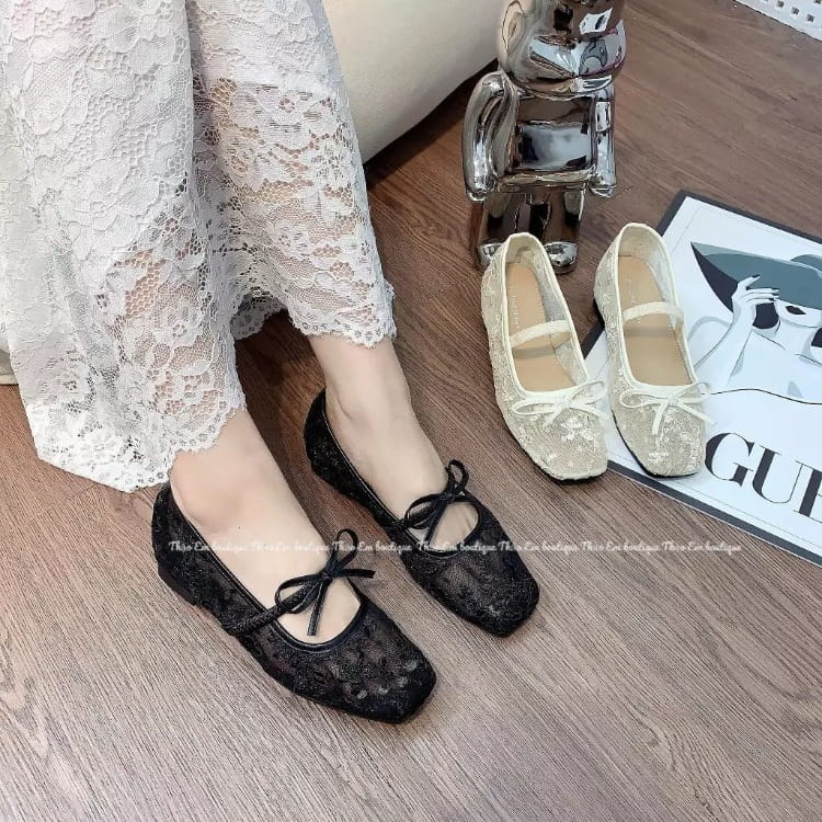 Giày búp bê lưới ren thêu hoa dây nơ thoáng khí