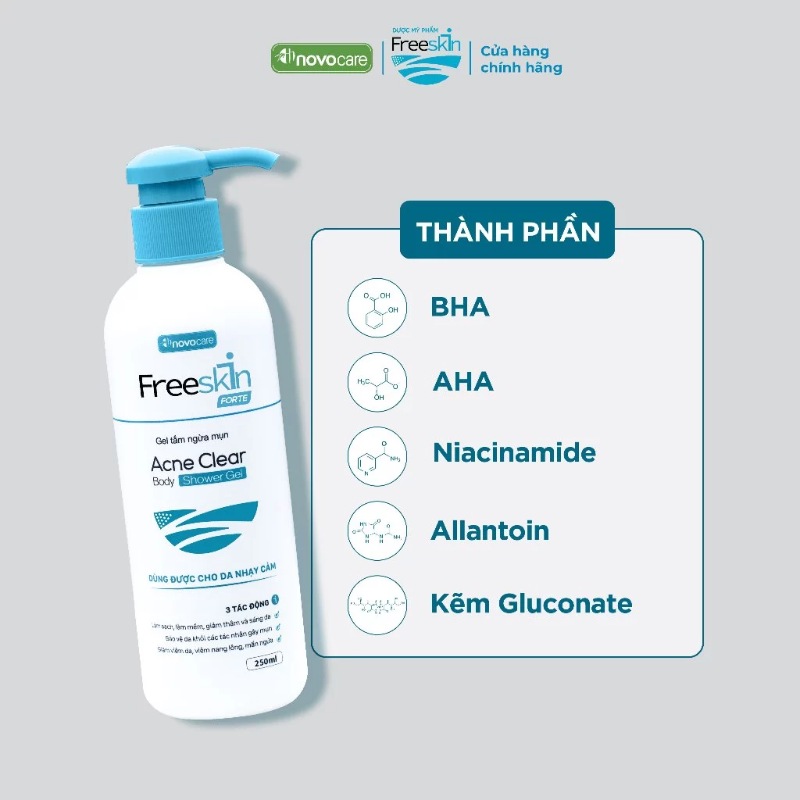 Review gel tắm trị mụn Novocare Freeskin Forte cho da nhạy cảm