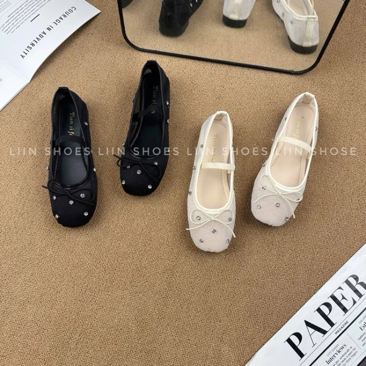 Giày bệt đính đá bling quai ngang chất liệu lưới mềm