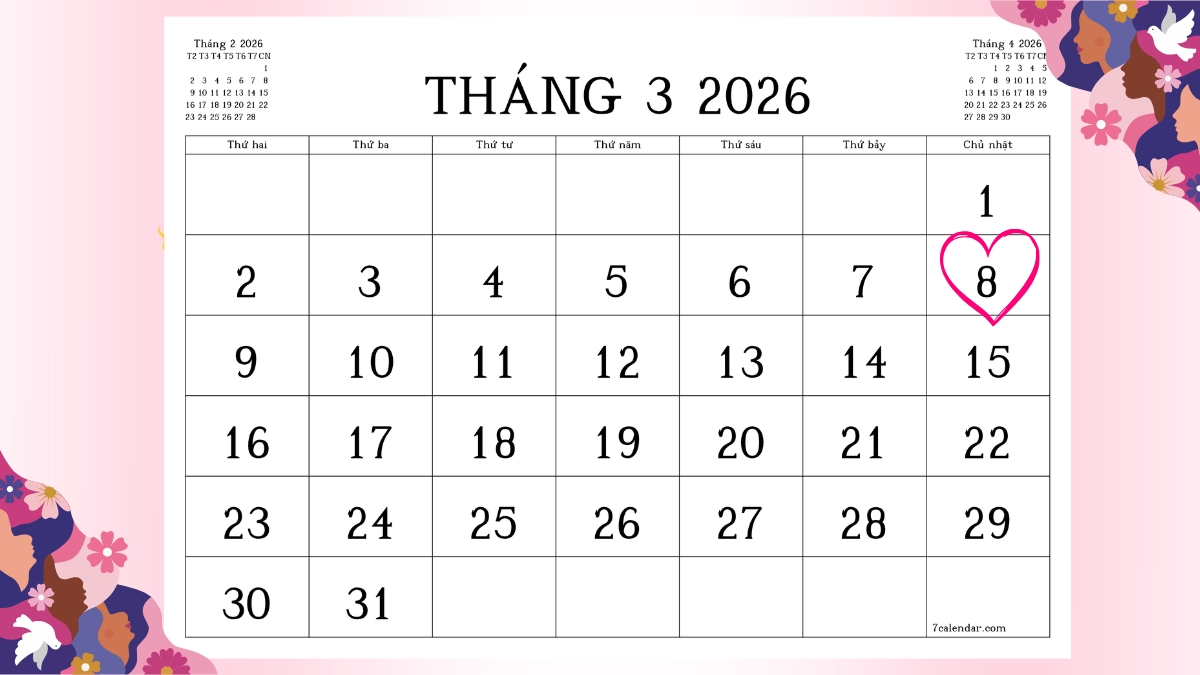 Ngày 8/3 năm 2026 rơi vào Chủ nhật